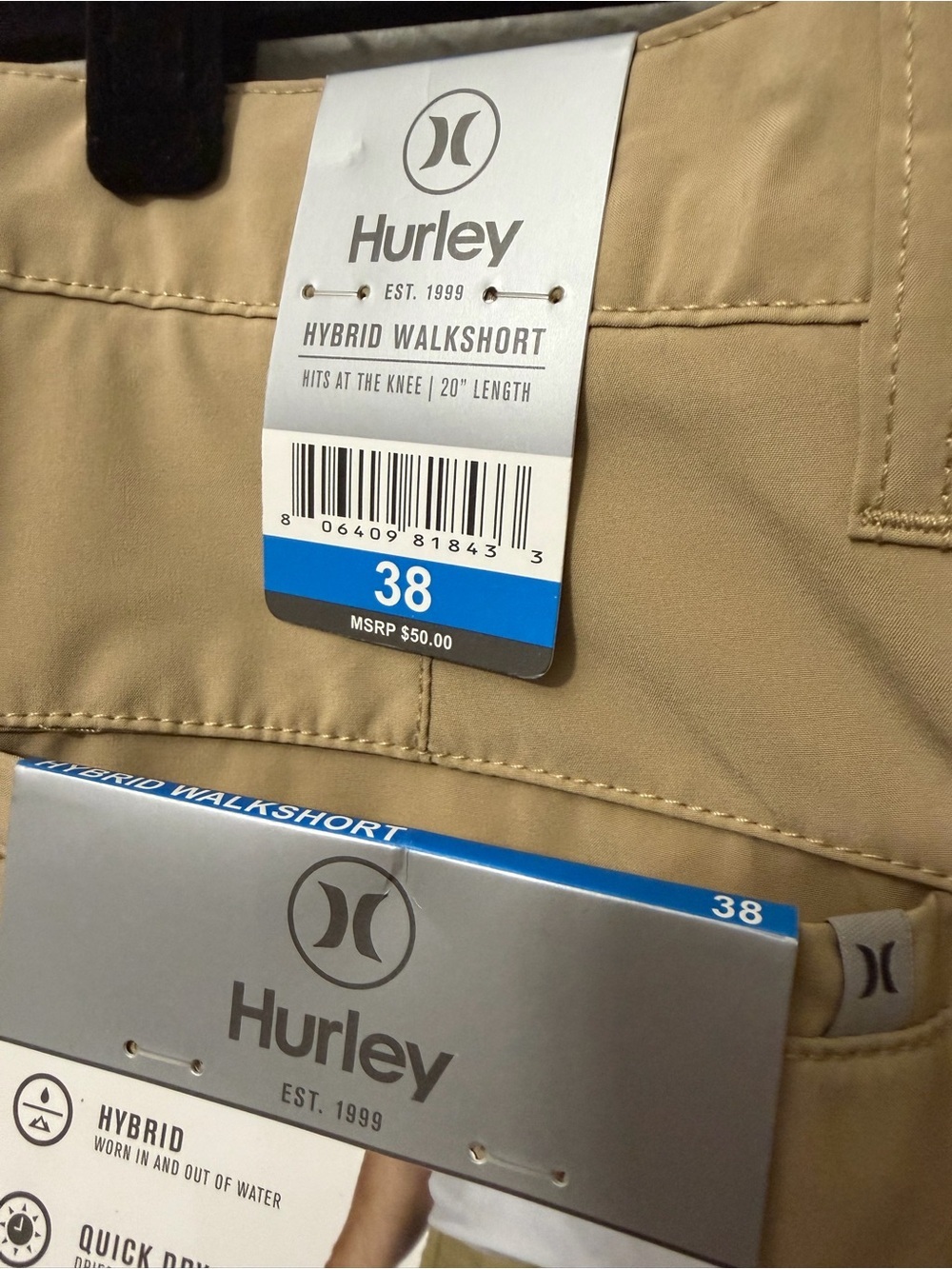 NWT Hurley Hybrid Walkshort Khaki Men’s Size 38 4-Way Stretch Quick Dry - Picture 5 of 5
